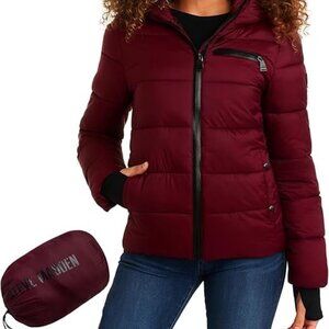 NWT STEVE MADDEN Packable Hooded Puffer Jacket Berry S MSRP $180